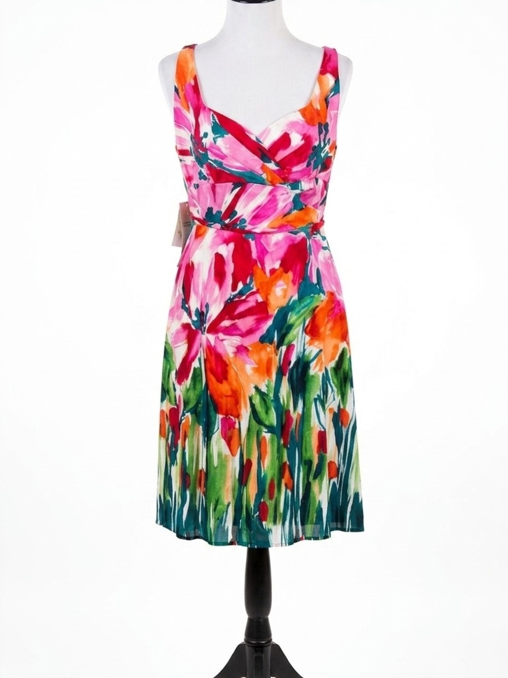 Nine West Sleeveless Asymmetrical Floral Dress in Pink, Orange & Green